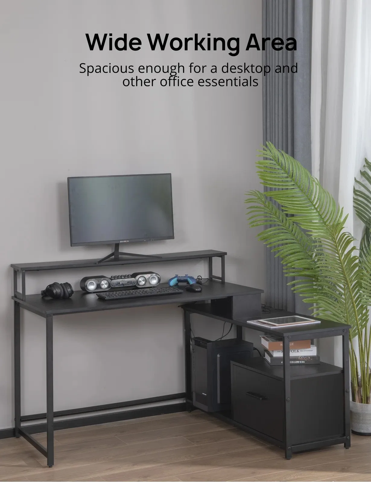 Modern Steel Wood Drawer Computer Desk for Home LED Light & Power Outlet Office Desk with Storage Shelf Computer Table