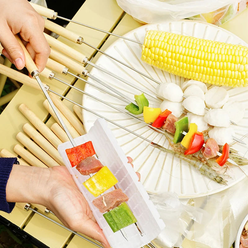 OEM Manufacturer Stainless Steel 304 Needles Wooden Handle Grilling Kebab Skewers Barbecue Roasting Sticks Wood Bbq Tools