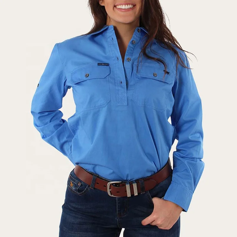 Women cotton drill button up work shirts for women long sleeve turn down collar solid color country work shirts