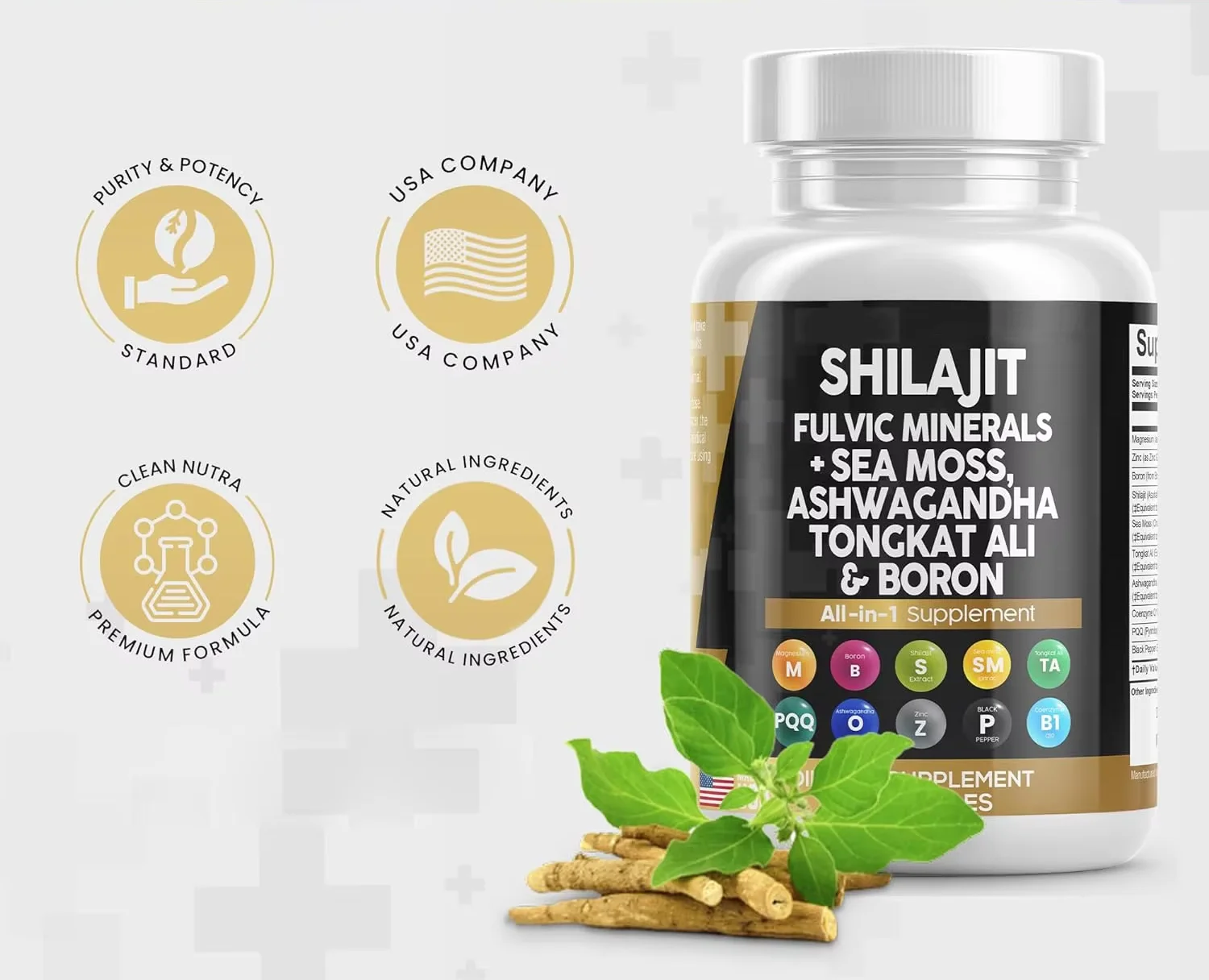 private label Shilajit Supplement 10000mg with Sea Moss Ashwagandha Tongkat Ali Boron Magnesium Fulvic Acid Capsules for Men