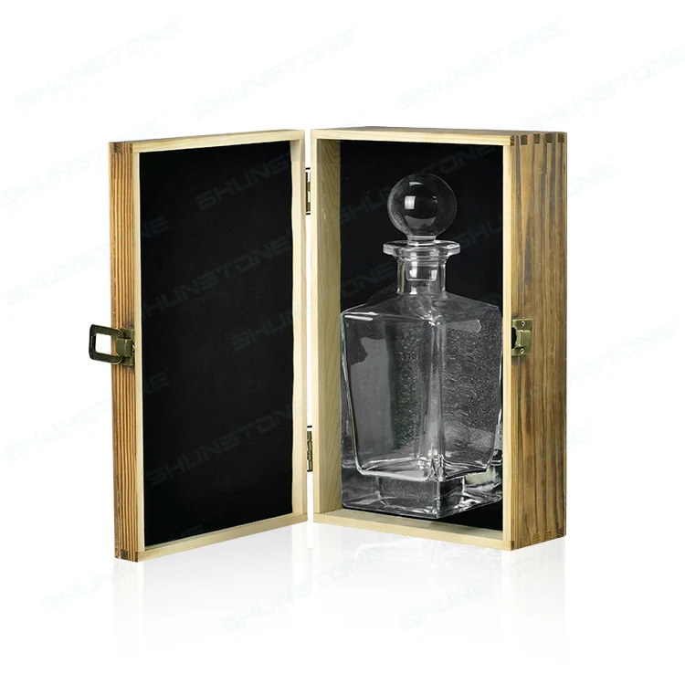 High Quality Crystal Whiskey Bottle Square Whiskey Decanter 1 Set With Wood Box For Fathers Day Birthday Gift