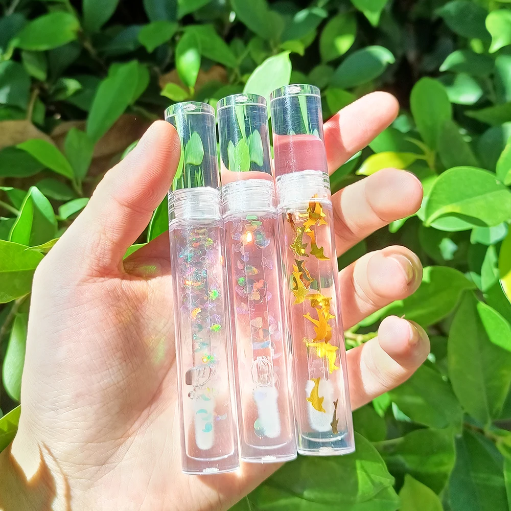 Wholesale Custom Lipgloss No Logo Shiny Vegan Organic Kids Lip Plump Moisturize Glitter Butterfly Clear Lip Gloss