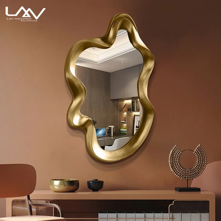 Vintage Gold Wall Mounted Makeup Mirror Home Decor Luxury Wood irregular shape Frame Wall Mirror