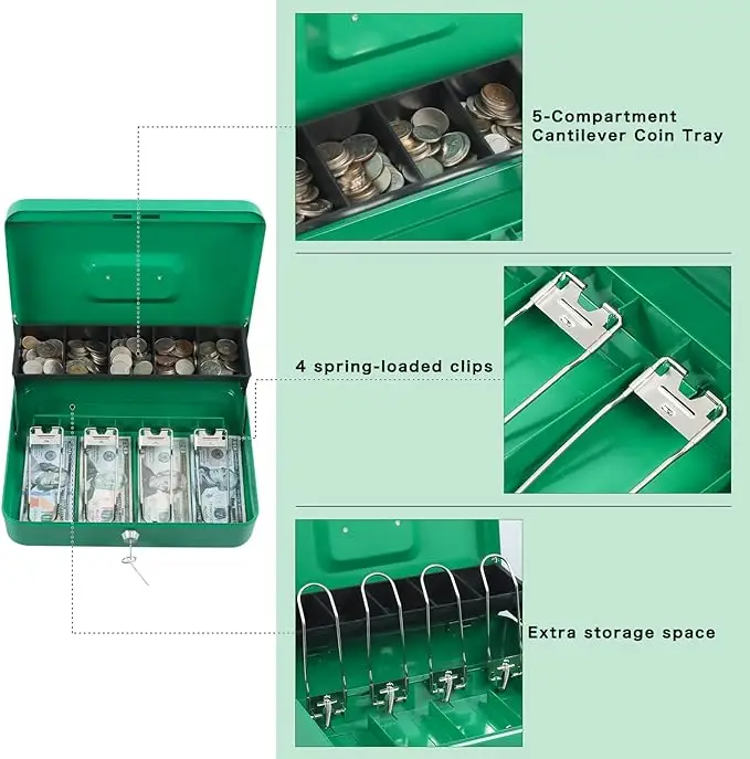 Money safe Cash Box with key Lock Metal Money Box with Cash Tray Lock Safe Box