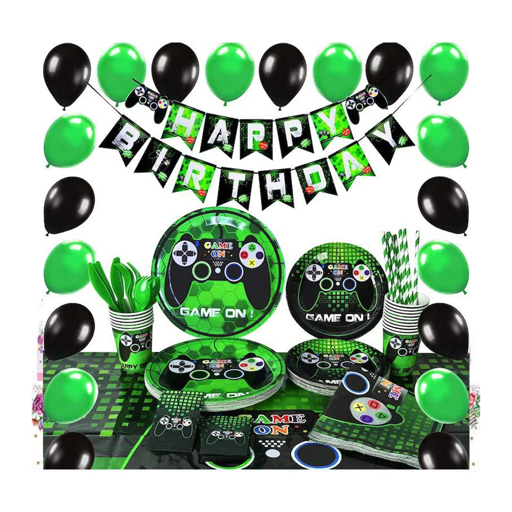 Hot sale decoration green video game party birthday party supplies disposable paper tableware set