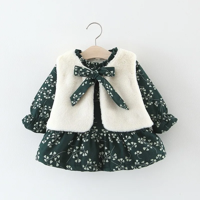 Baby Girls Dress Autumn and Winter Girls Thicken Plus Velvet Long Sleeve Down Dress White Fur Vest 2Pcs Suit Kids warm Clothes