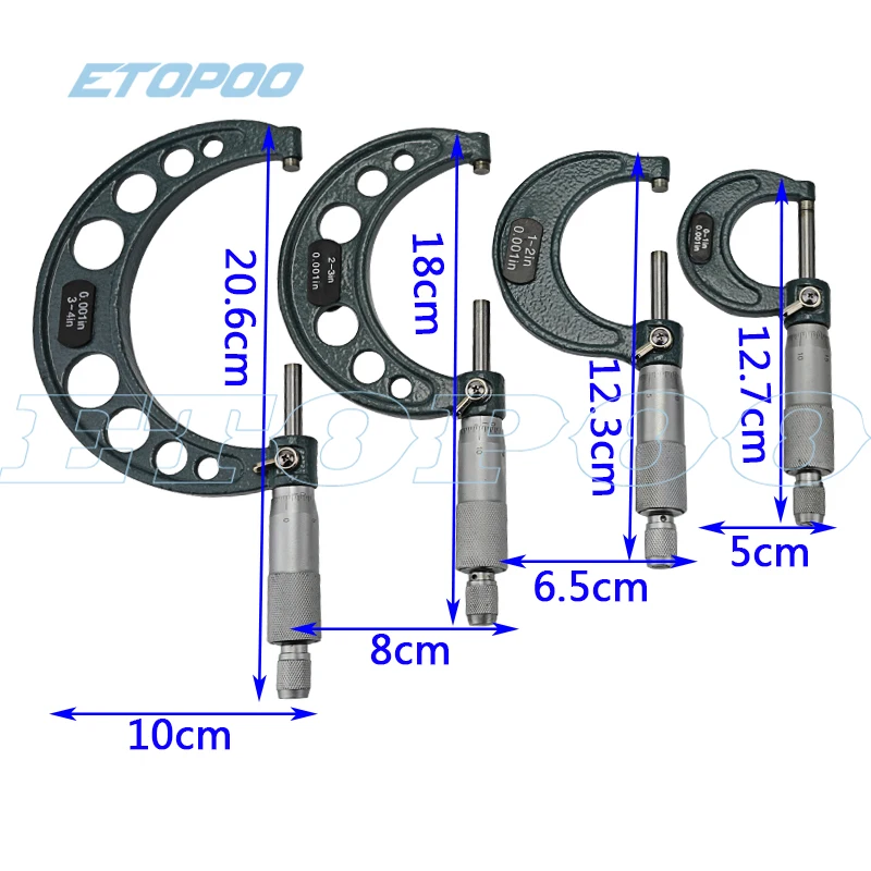 Микрометр с атласной хромированной отделкой, диапазон измерения 0-4 дюйма, интервал окончания 0,001 дюйма, набор из 4 шт.