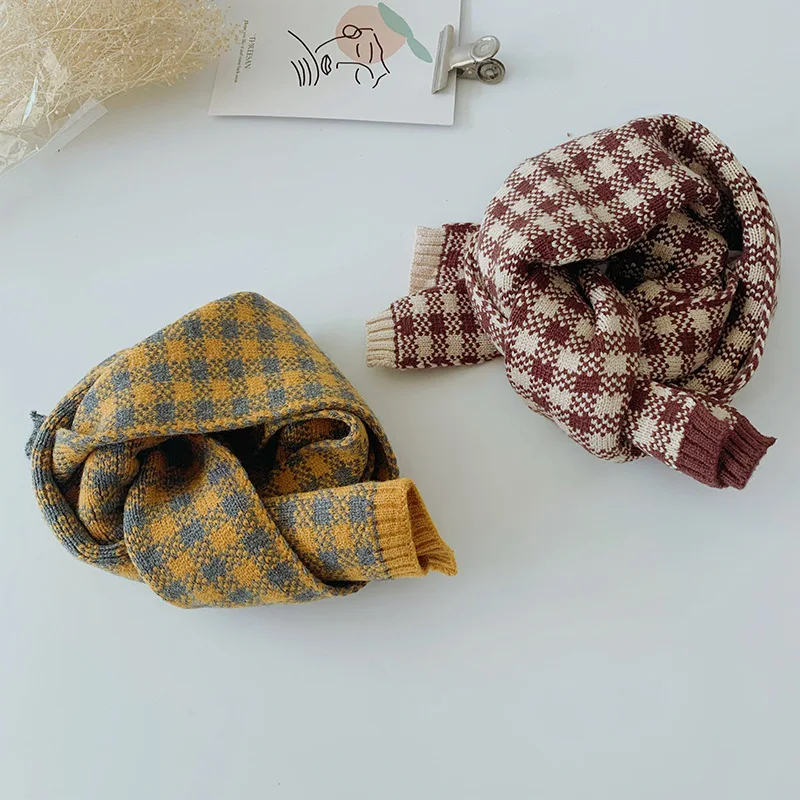Kids new fashion spring autumn winter child knitted plaid scarf for boys and girls