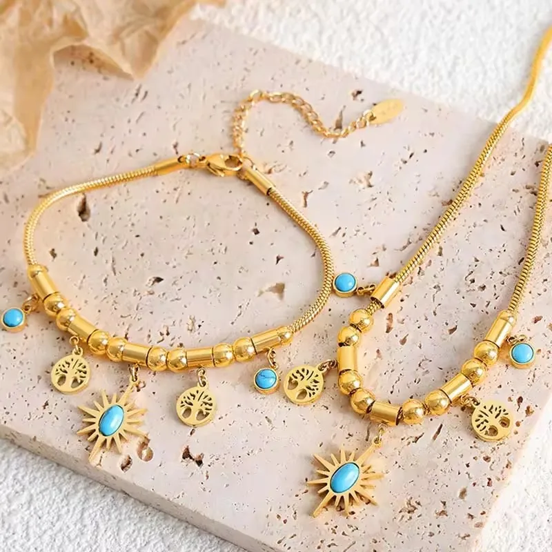 Vintage Stainless Steel 18k Gold Plated Sun Pendant Turquoise Charm Necklace For Women Retro Jewelry