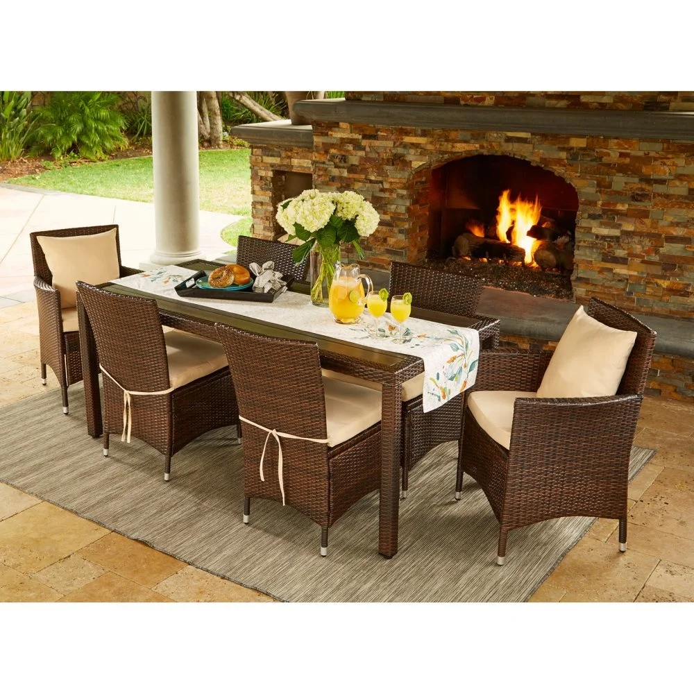 Courtyard Rattan Long Dining Table with Armless Chair 6 Seaters Set