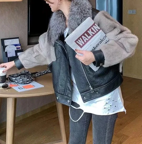 Warm Winter Coat Woman Faux Fox Fur Patchwork Mink Fur Batwing Sleeve Big Fur Collar Coats