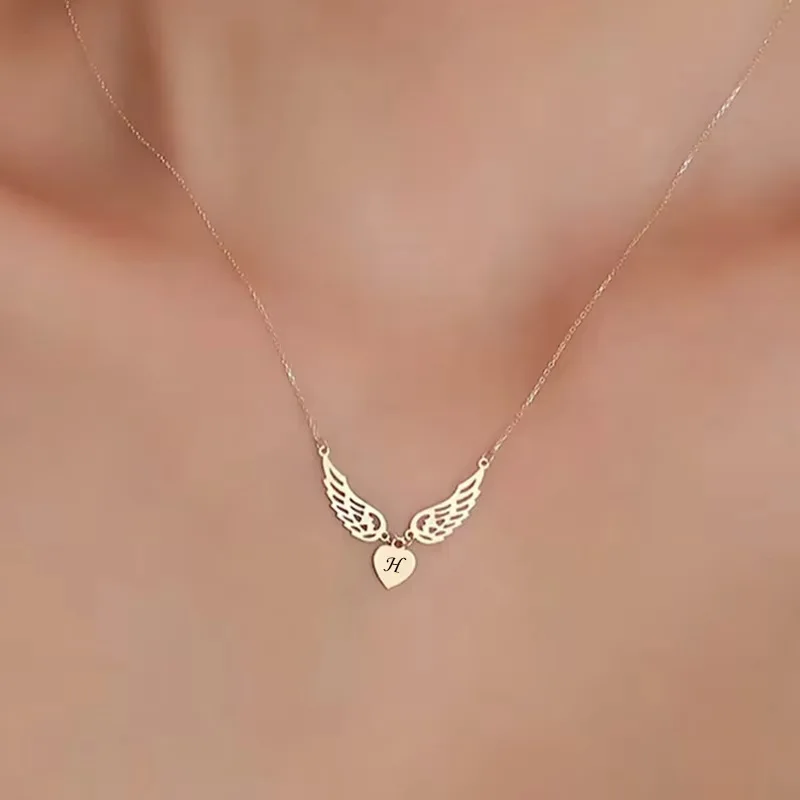 Duoying Fashion Initial Letter Pendant Necklace Stainless Steel Heart Wing Choker Necklace for Woman