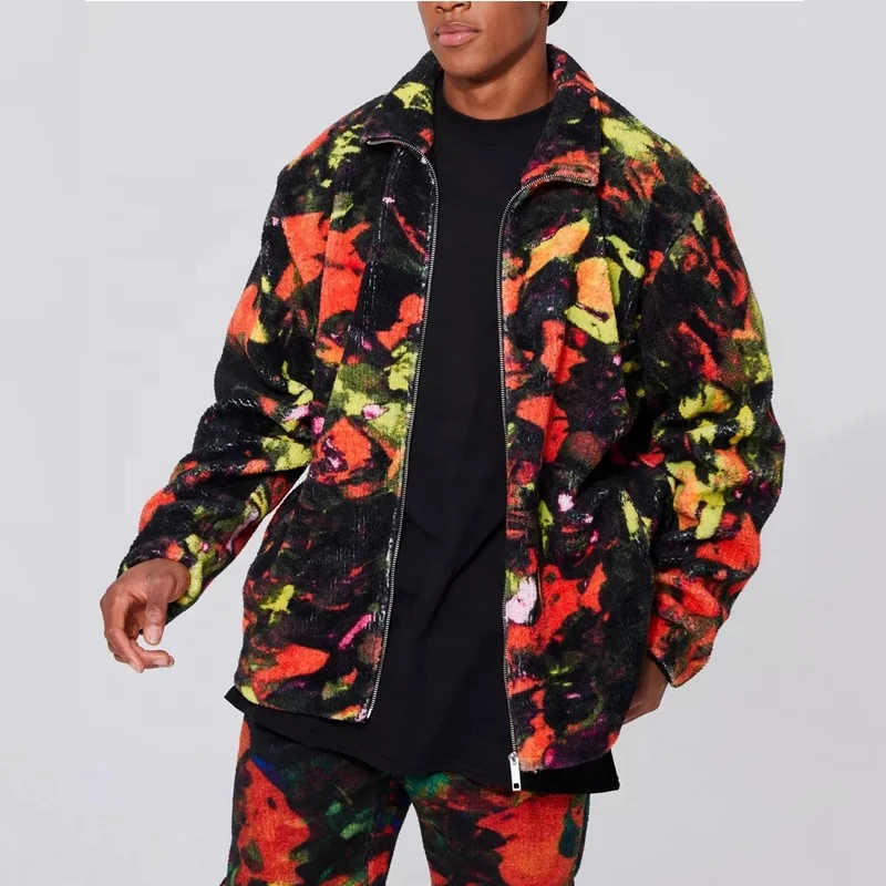Custom wholesale 2024 new winter fashion jacket men hip pop all over print borg funnel neck fleece jacket