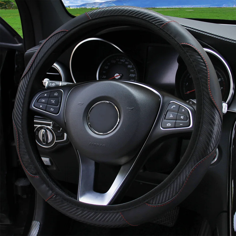 Carbon Fiber Car Steering Wheel Covers without Rubber Elastic Band Stretch Leather Steering Wheel Cover