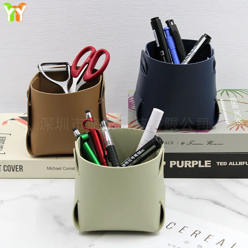 Quick Shipping Foldable PU Leather Storage Baskets Pen Pencil Holder Desktop Storage Box for Makeup Remote Controls