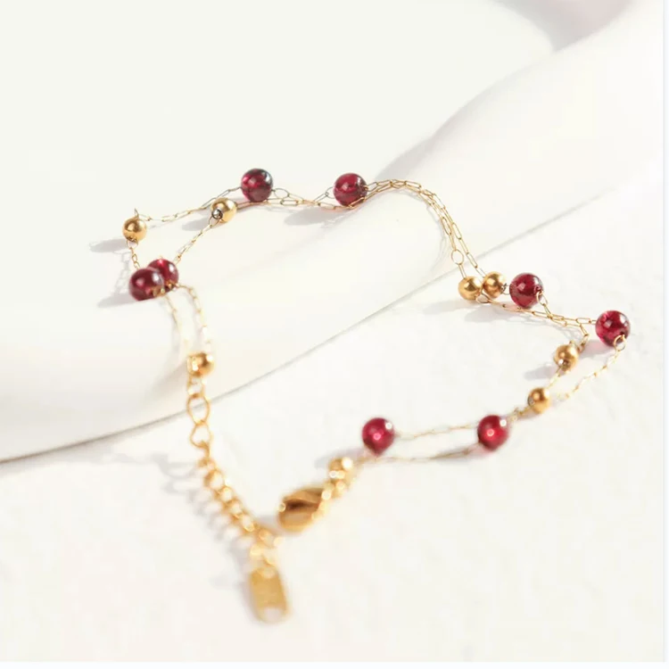 Chris April 316L stainless steel PVD gold plated double-layer chain natural gem women bulk small gold beaded bracelets