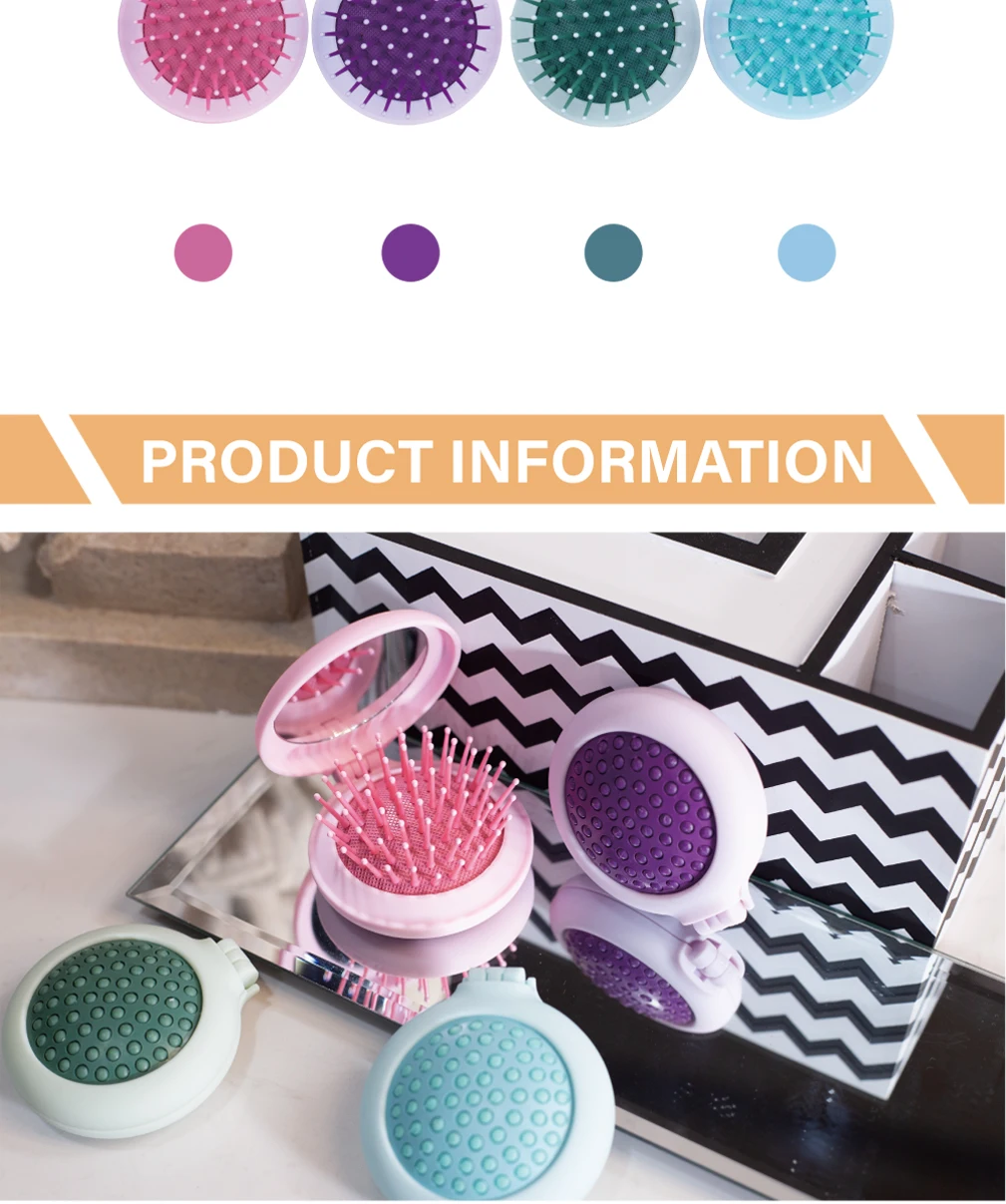 Detangling Hair Combs Mini Folding Pocket Pop-up Hair Brush Personalized Pocket Hair Comb with Mirror Plastic Ionic Round Brush