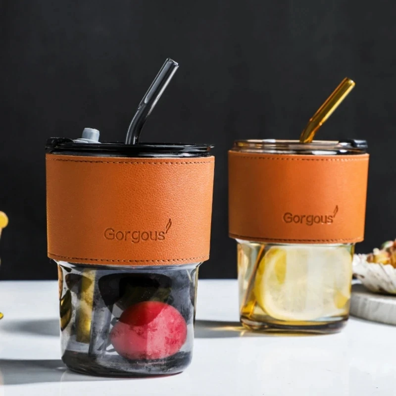 Customized Logo Popular Glass Coffee Cups Portable Leather Sleeve Glass Tea Mug With Lid And Straw