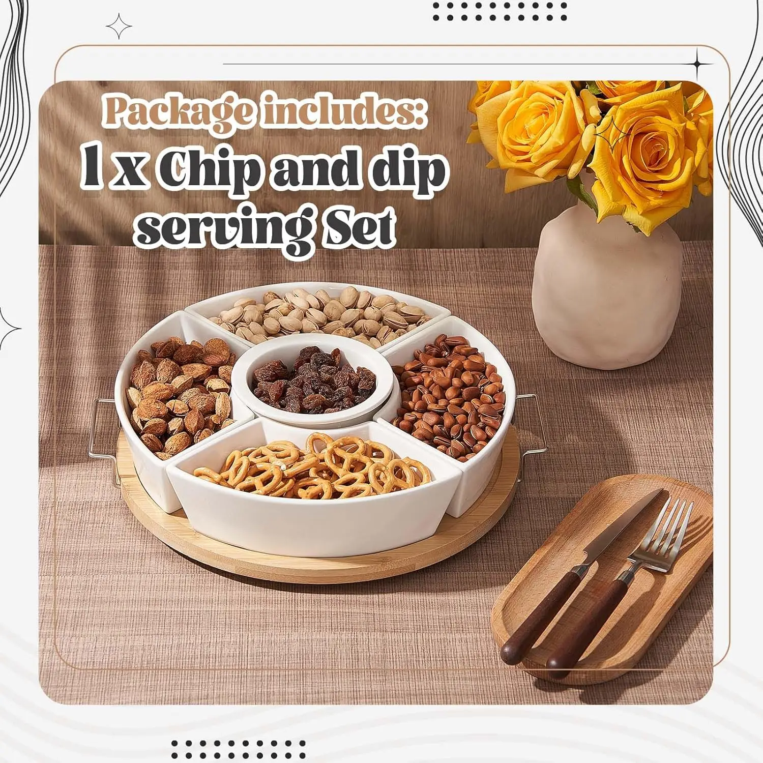 Wholesale Luxury Rotating Chip and Dip Divided Dishes 5 Removable Compartment Ceramic Set Lazy Susan Serving Tray