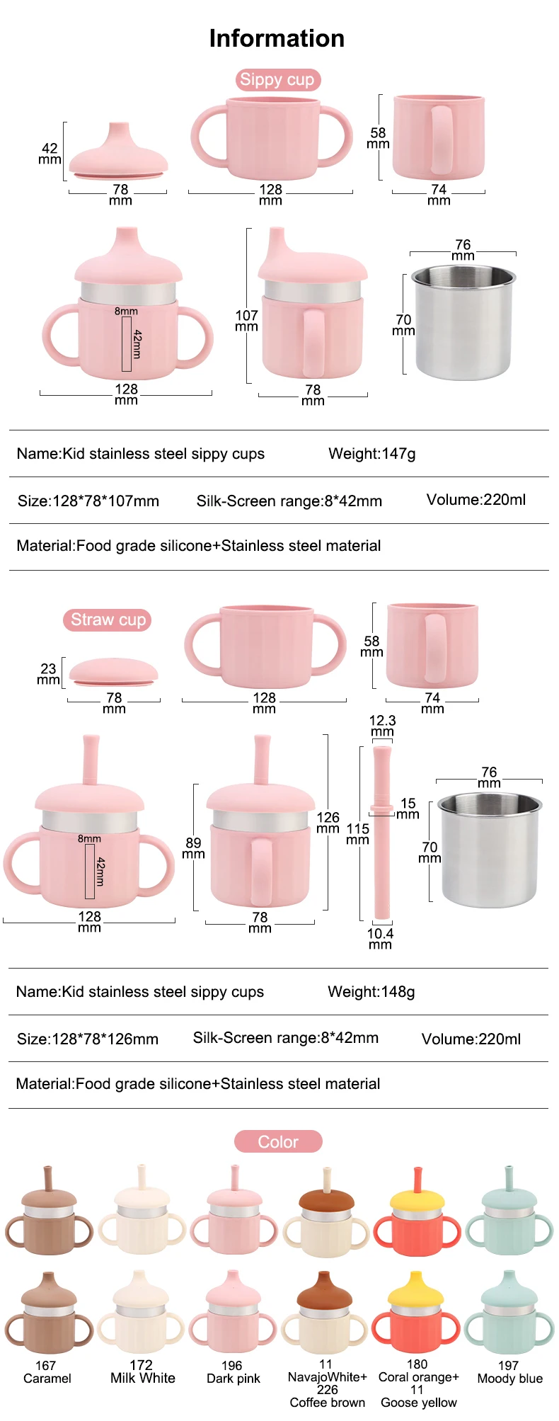 Kids Silicone Stainless Steel Baby Drink Training Cup Sippy Cup For Toddlers With Straw