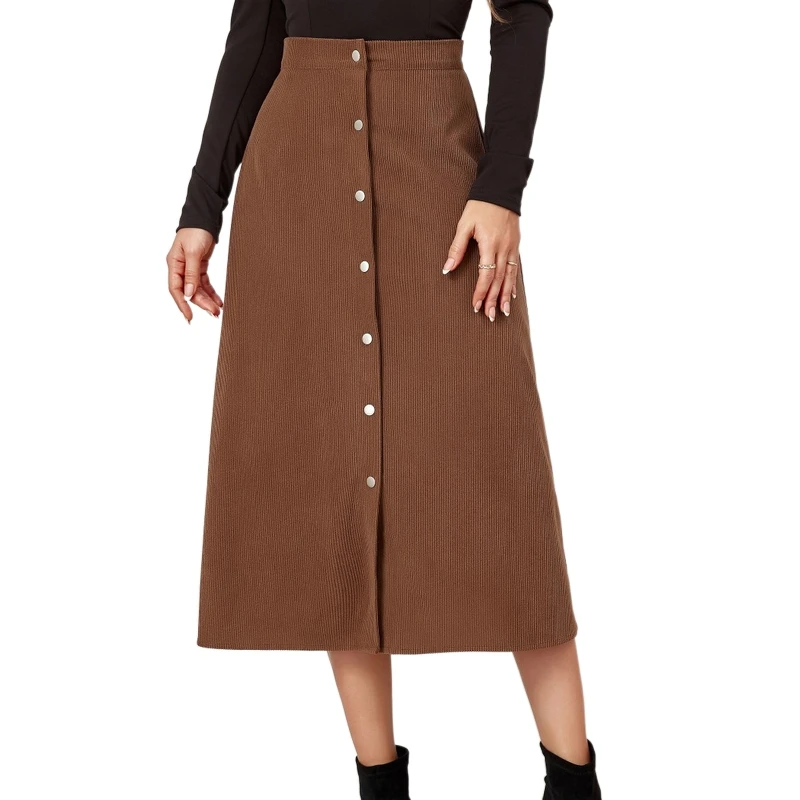 Channel Casual Women High Waist Button Front A Line Corduroy Midi Skirts Fall