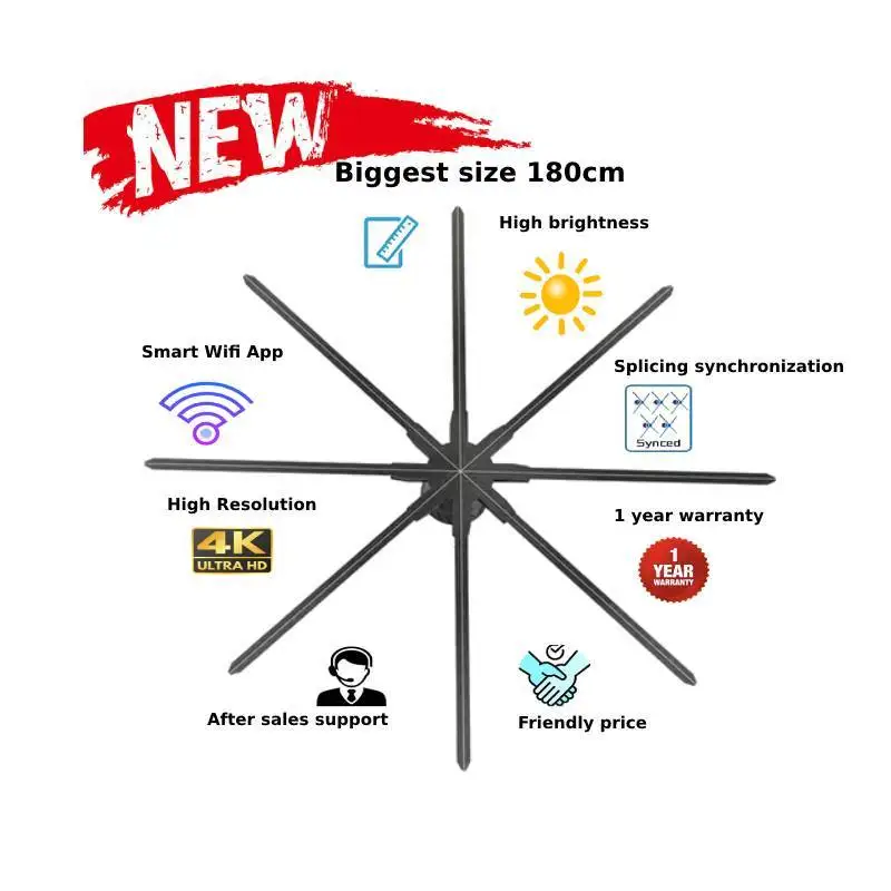 New 180cm Big size Christmas Decorating LED Holographic Display Wifi Hologram 3D Display Led Fan For Advertisement 8 Blades