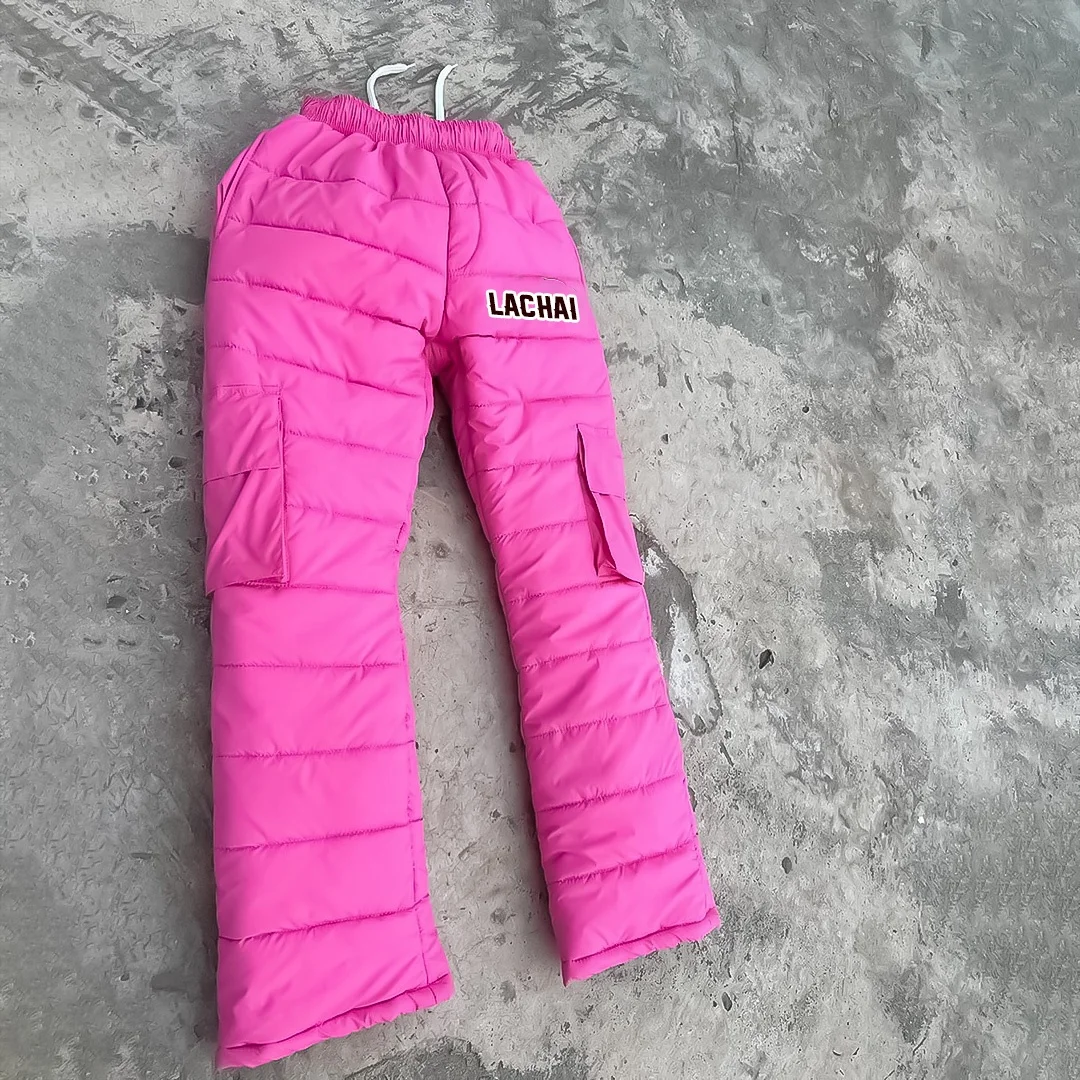 2024 New Winter Fluffy Winter Down Warm Thick Cotton Pants with Pockets Chenille Embroidery Logo Windproof Pants