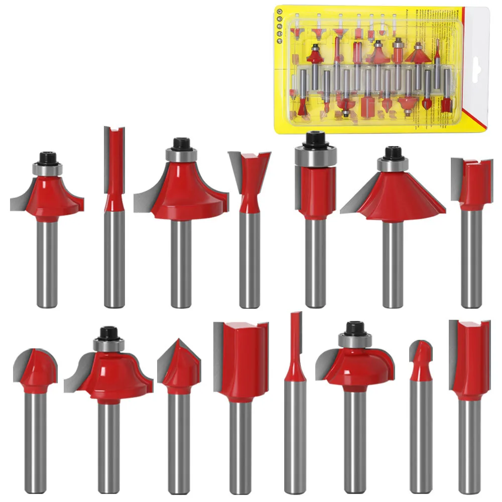 15 pieces set with 14 handles 1/4 inch Woodworking Milling Cutter Carbide   woodworking milling cutter