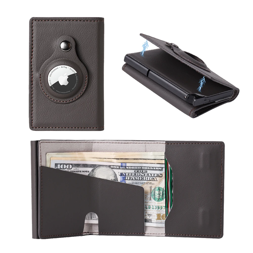 CASEKEY Minimalist Genuine Leather Pop Up Credit Card Case Rfid Blocking Smart AirTag Slot Wallet Holder For Men