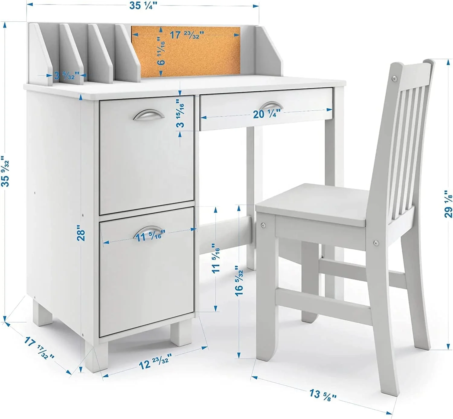 New white children wooden Learning writing study table desk and chair set Workstation for kids student study with hutch