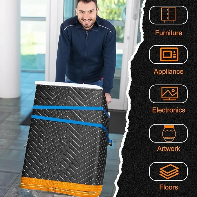 Heavy-duty quilted moving blankets, 1 pack, for furniture wrapping & protection.