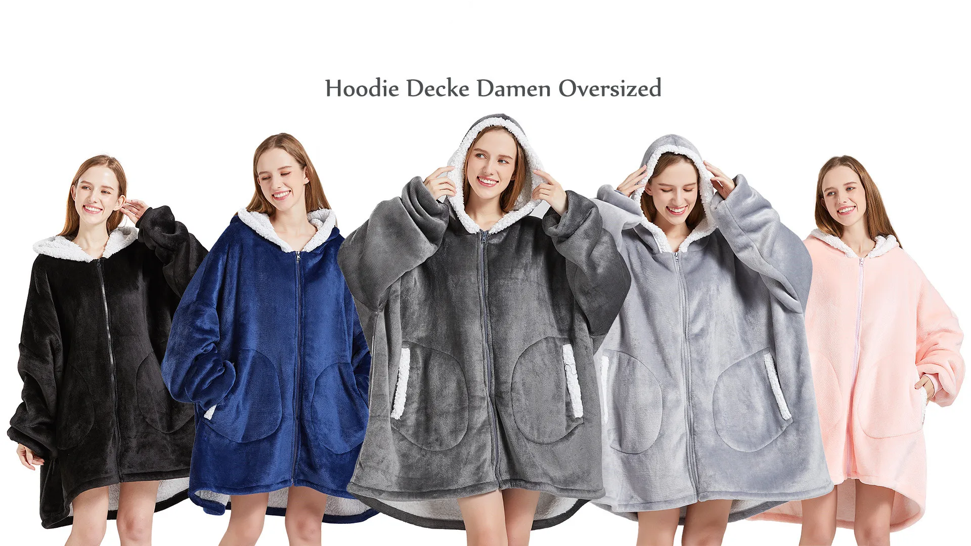 Wearable Blanket Hoodie with Zipper Fluffy Warm Sherpa Oversized Hooded Plush Sweatshirt with Giant Pocket