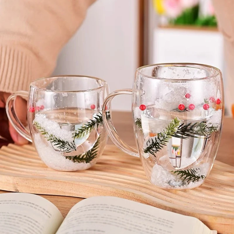Custom High Borosilicate Christmas Tree And Snow clear Double wall Layer Glass Insulated Water Mug Coffee Mugs For Christmas