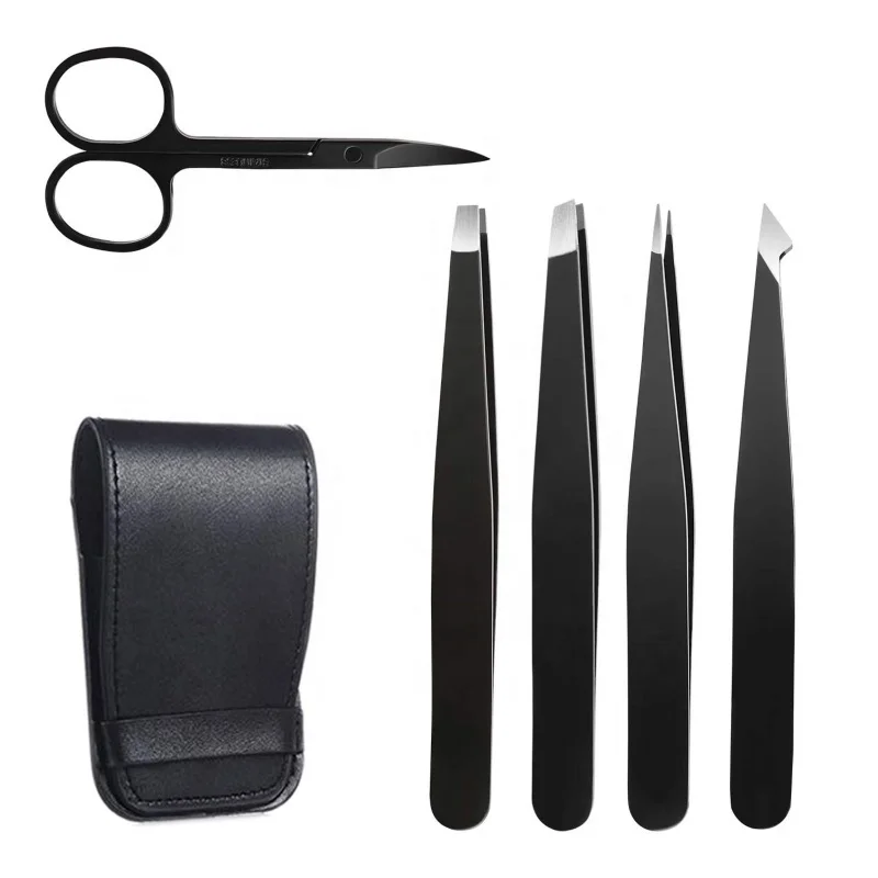 5 Pieces  Stainless Steel Tweezers Kit with Curved Scissors Best Sell  Tweezers Set for Eyebrows  Grooming Set