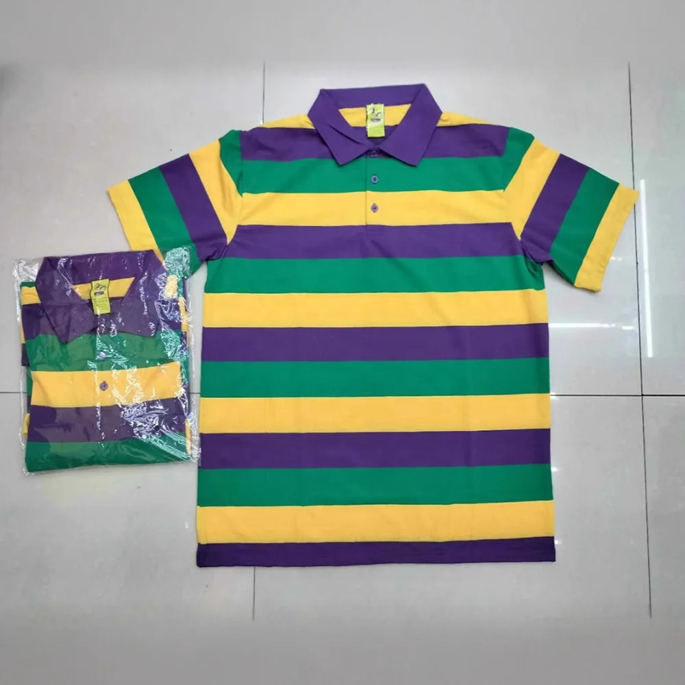 2024 Long Sleeve Mardi Gras Items,Turndown Collar Mardi Gras Shirts Polo,American Carnival Horizontal Stripe Mardi Gras Apparel