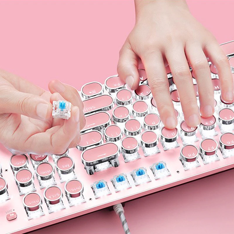 Full-Size Ergonomic USB Wired keyboard and Mouse Combo RGB Backlit Typewriter Gaming Keyboard Retro Pink Mechanical Keyboard