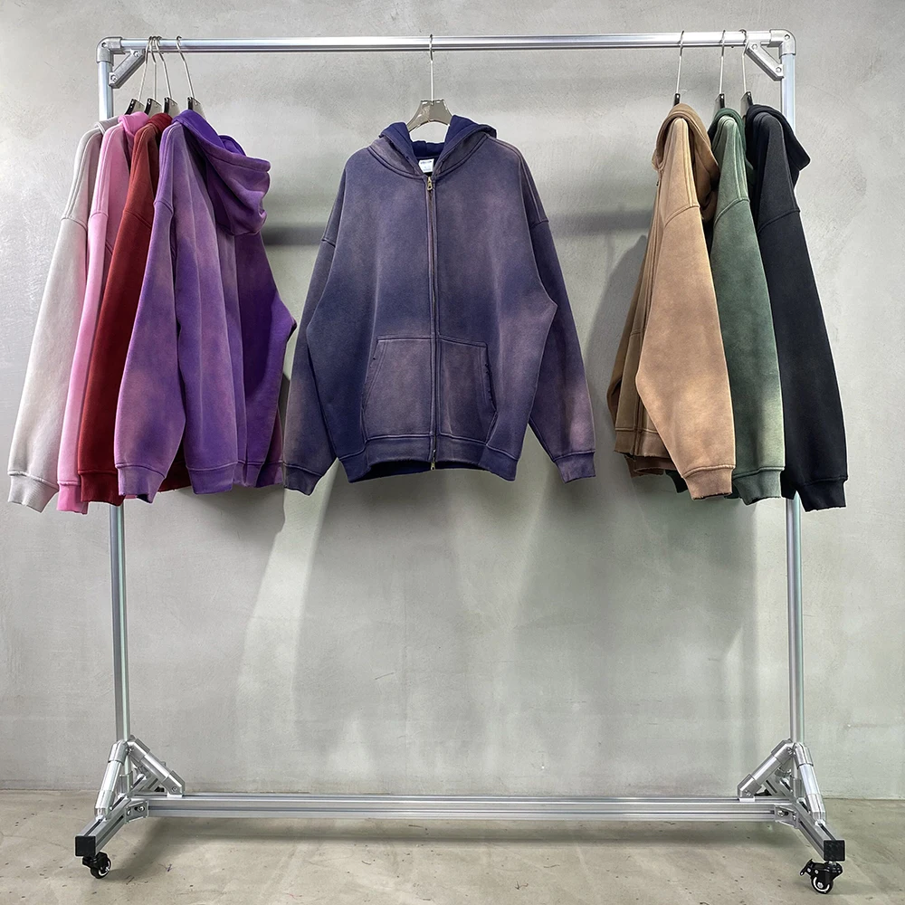 Yingling custom Sun faded Zip Hoodie distressed cotton fleece vintage stone wash Sun faded full zip up hoodie men no string