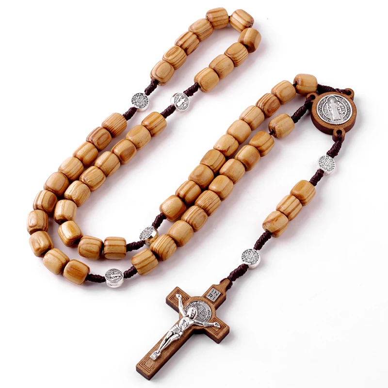 10*10mm dia Cylinder Beads Wooden Beads Knot Woven Rugged Rosary Religious Catholic Gifts Men Prayer Charm St.Benedict Necklace