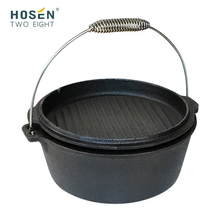 Durable Pre-seasoned Multi 2 In 1 Cooker Pot And Pan Outdoor Camping Dutch Oven Cast Iron Fry Pan Non Stick Cookware