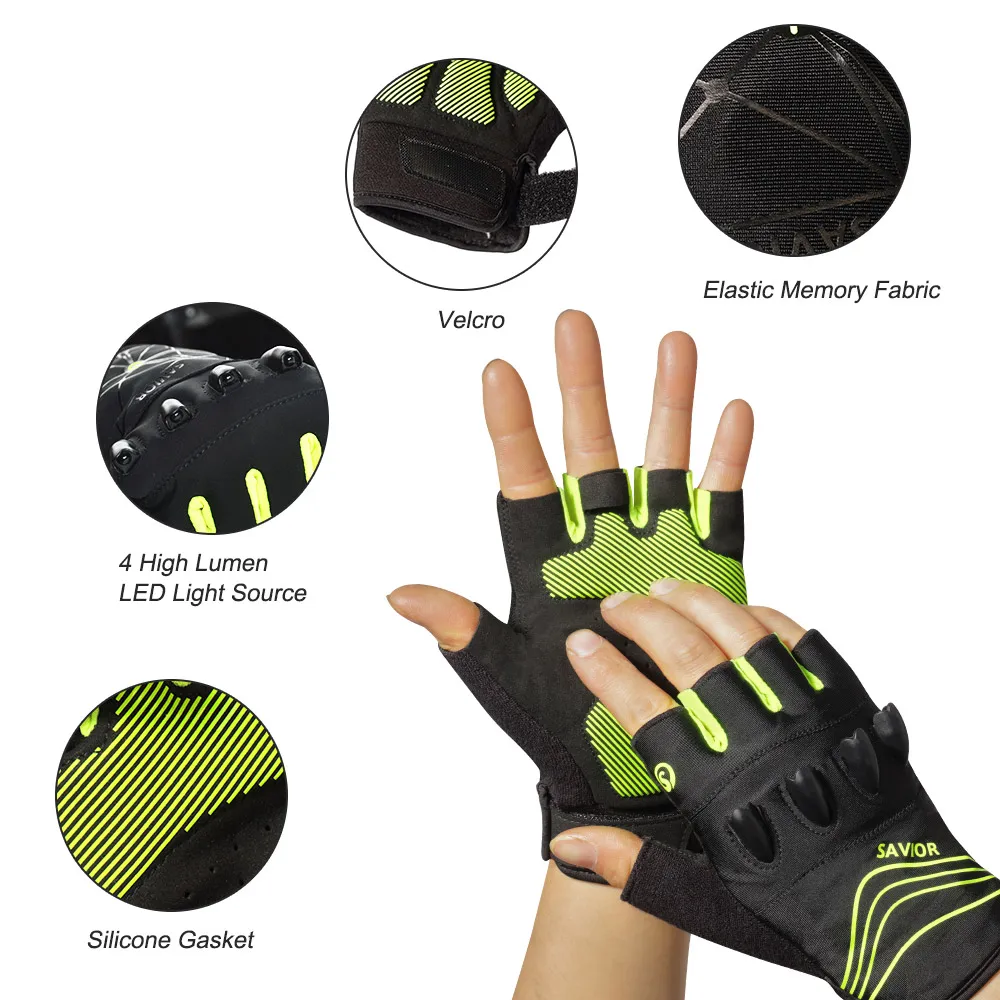 Hot Sale Short Finger Night Flashlight SOS Signal Usb Breathable Anti-slip Rechargeable Battery LED Cycling Riding Gloves