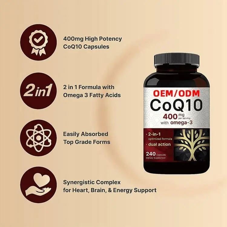 Extra Strength Coenzyme Q10 Supplement Capsules CoQ10 Ubiquinone 400mg with Omega3 Heart Health COQ 10 Capsule