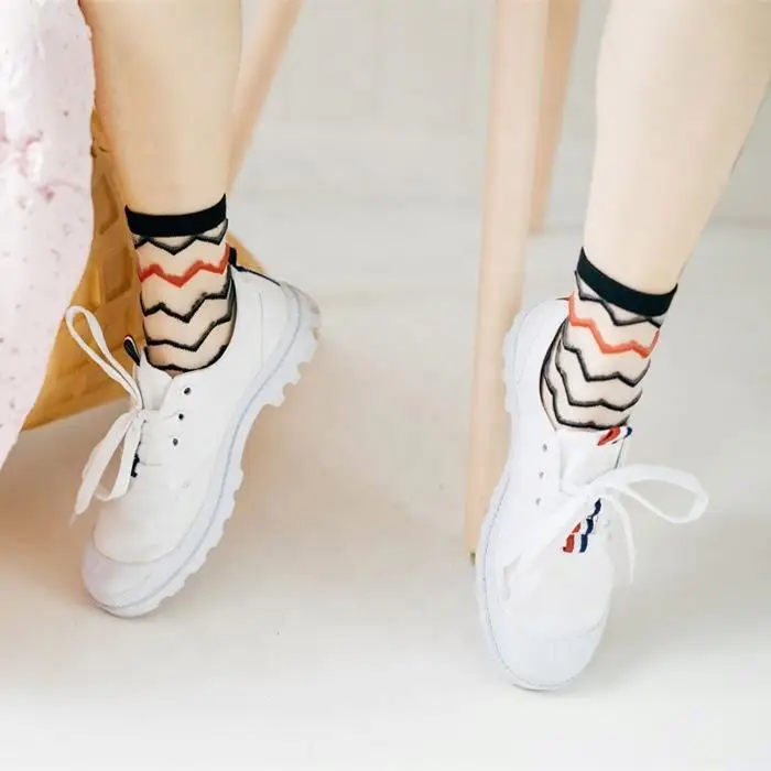 Spring Summer Sexy Colored Dots Wave Stripe Letter Sheer Ladies Transparent Socks