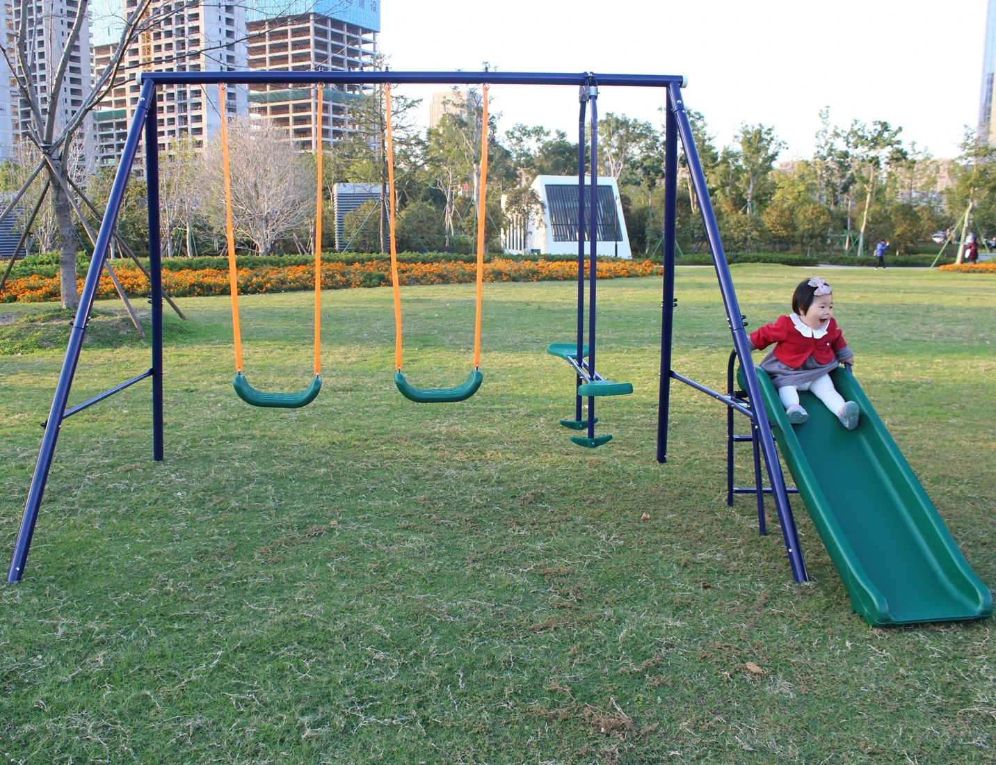 Metal Frame See-Saw Swing Set For Kids,  Playground Metal Swing Chair With Slide