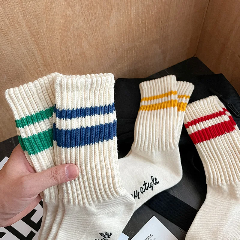 Custom thick ribs stripe socks quality organic cotton bamboo polyester print logo comfortable men women sport socks