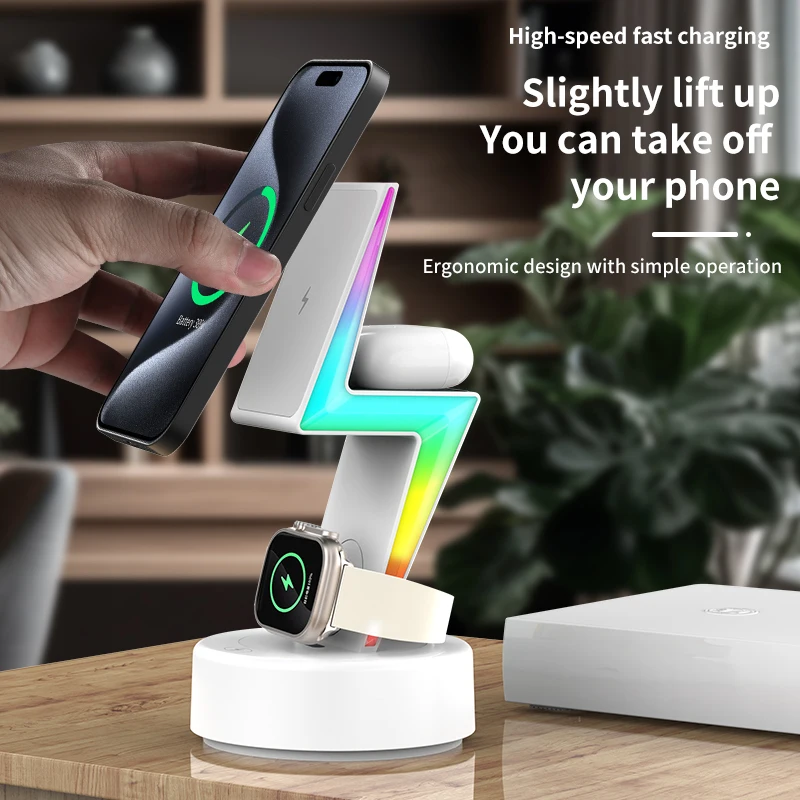 lightning Magnetic Wireless Charger fast wireless charger stand 3 in 1 Stand RGB Light for watch airpods and phones