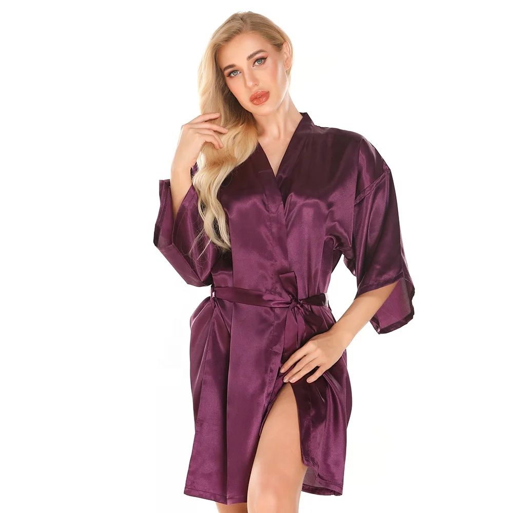 wholesale women purple wedding robe short bride satin kimono silk robe Support for custom color fonts