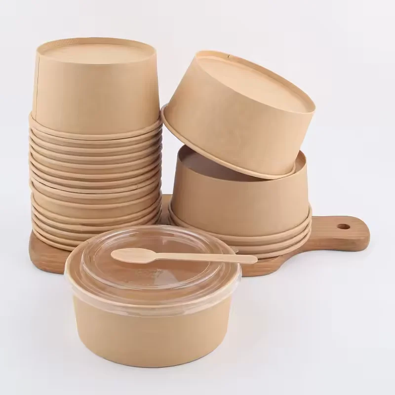 Eco Friendly Kraft Paper Bowl Compostable Take Out Food Lunch Salad Bowls Lid Cake Box Cupcake Boxes Paper Board with PET PP