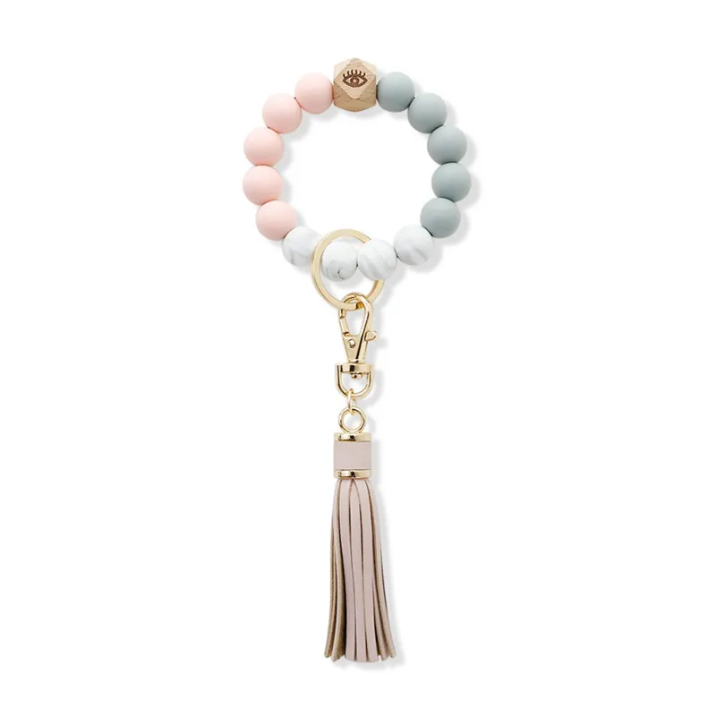 
2021 New Hot Shipping Silicone Bead Bracelet Wooden Tassel Anti-lost Bracelet Key Ring Wristlet Keychain 