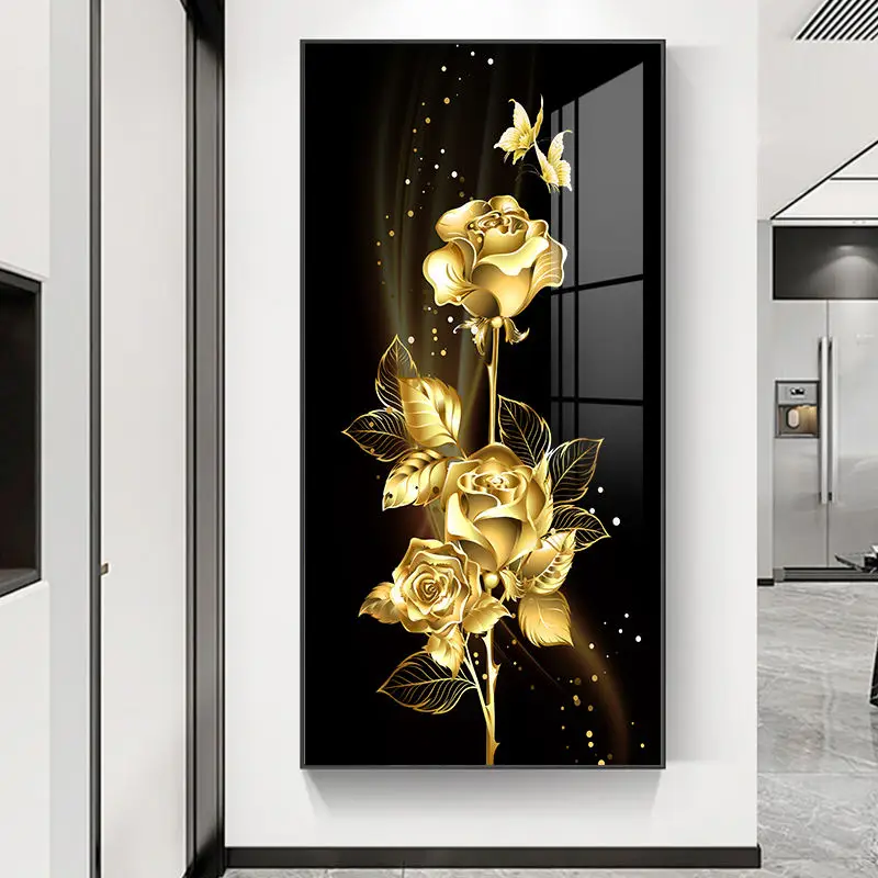 custom Gold flower poster printing Mural roll canvas Painting Living room wall art crystal porcelain painting