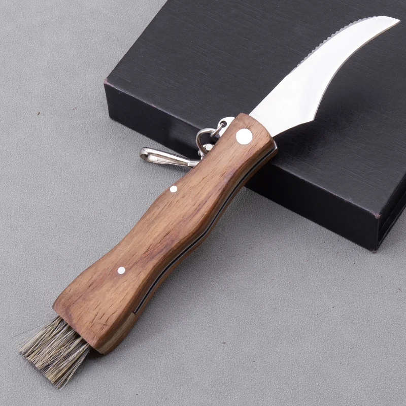 Folding Camping Hunting Truffles Harvest Sharp Knives Wood Handle Pocket knife Pruning Blade Mushroom Knife with Brush